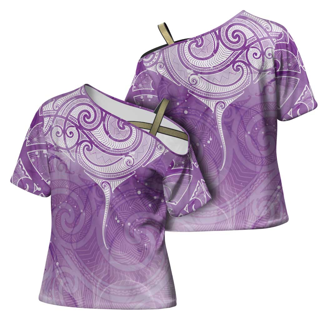 Epilepsy Awareness Maori Aotearoa Cross Shoulder Shirt Manta Ray - Purple Glaze - Polynesian Pride