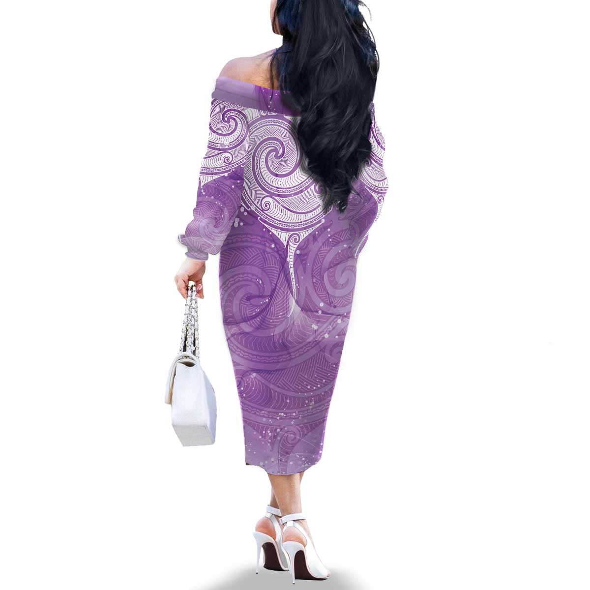 Epilepsy Awareness Maori Aotearoa Family Matching Off The Shoulder Long Sleeve Dress and Hawaiian Shirt Manta Ray - Purple Glaze - Polynesian Pride