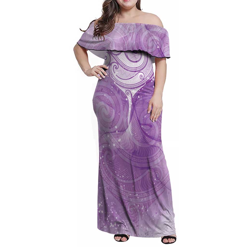 Epilepsy Awareness Maori Aotearoa Family Matching Off Shoulder Maxi Dress and Hawaiian Shirt Manta Ray - Purple Glaze - Polynesian Pride