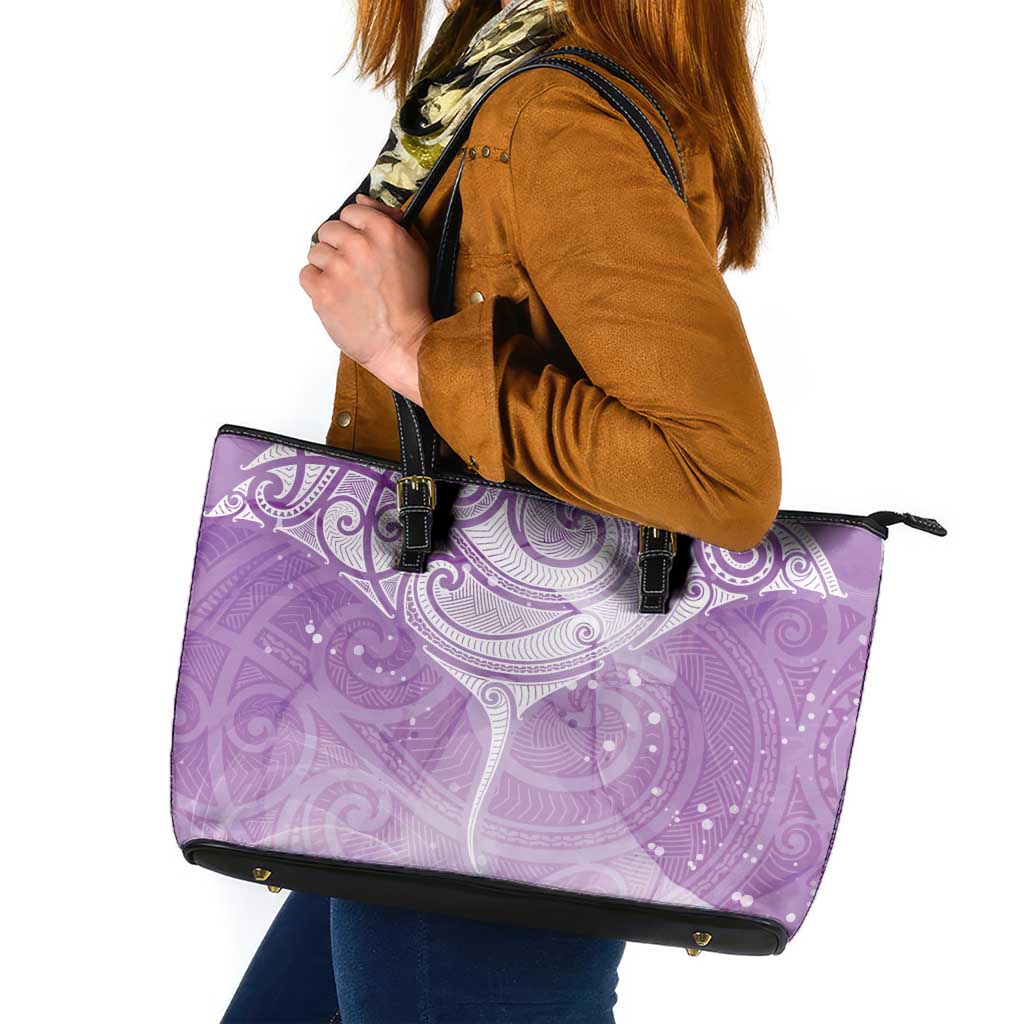 Epilepsy Awareness Maori Aotearoa Leather Tote Bag Manta Ray - Purple Glaze - Polynesian Pride