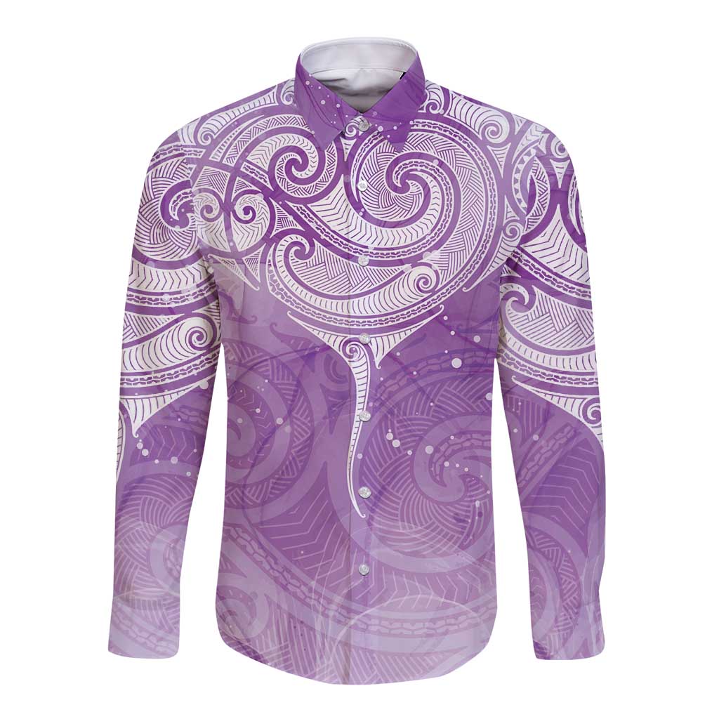 Epilepsy Awareness Maori Aotearoa Long Sleeve Button Shirt Manta Ray - Purple Glaze - Polynesian Pride
