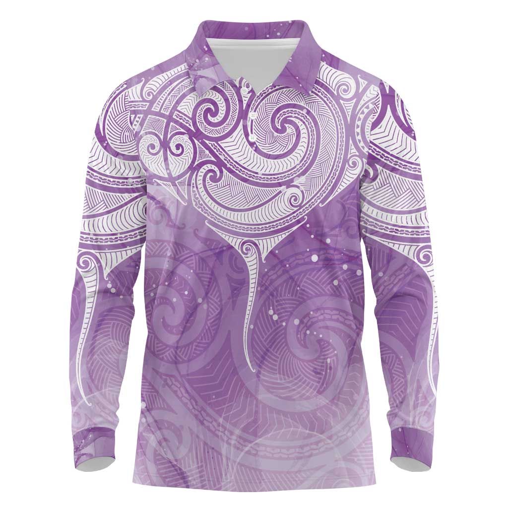 Epilepsy Awareness Maori Aotearoa Long Sleeve Polo Shirt Manta Ray - Purple Glaze - Polynesian Pride