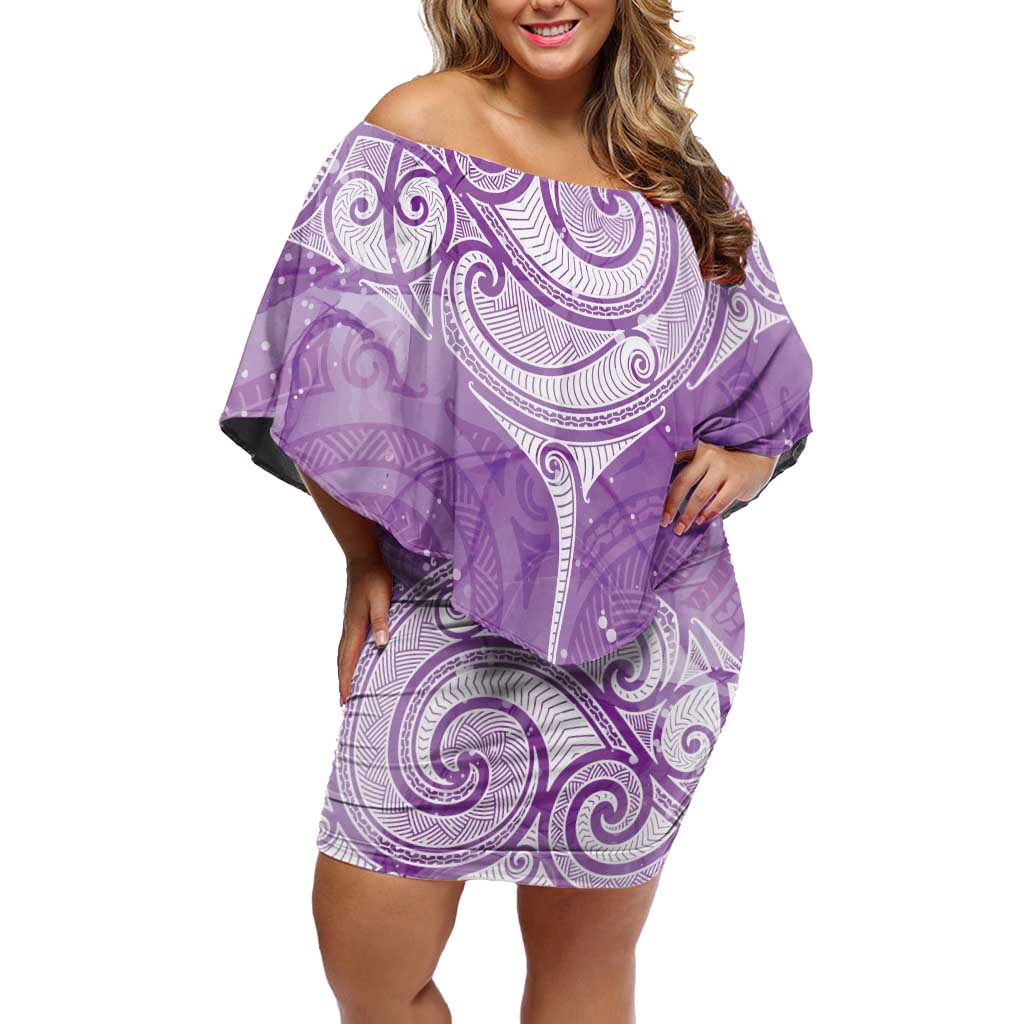 Epilepsy Awareness Maori Aotearoa Off Shoulder Short Dress Manta Ray - Purple Glaze - Polynesian Pride