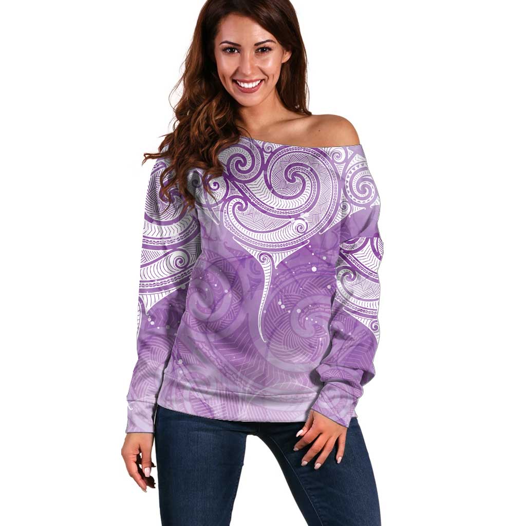 Epilepsy Awareness Maori Aotearoa Off Shoulder Sweater Manta Ray - Purple Glaze - Polynesian Pride