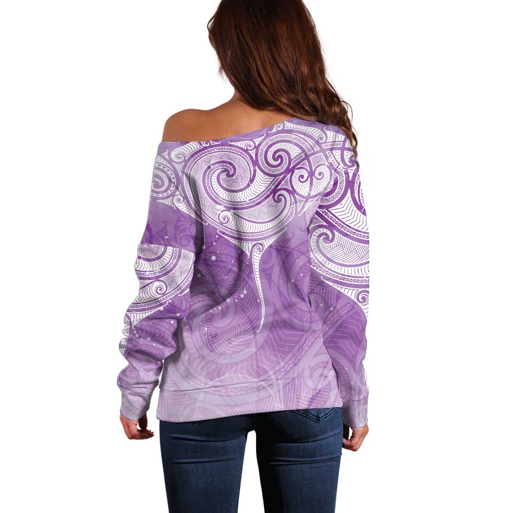 Epilepsy Awareness Maori Aotearoa Off Shoulder Sweater Manta Ray - Purple Glaze - Polynesian Pride