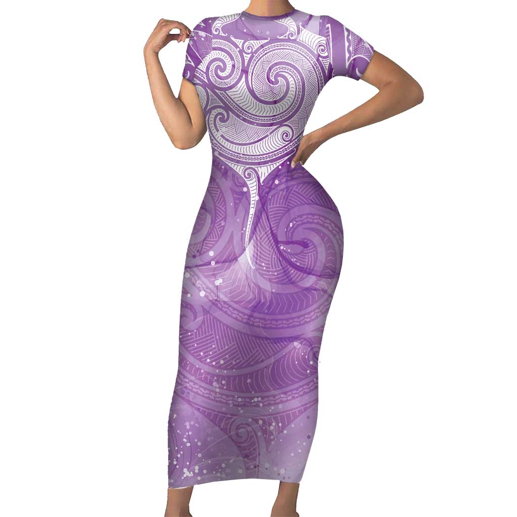 Epilepsy Awareness Maori Aotearoa Short Sleeve Bodycon Dress Manta Ray - Purple Glaze LT7 Long Dress Purple - Polynesian Pride