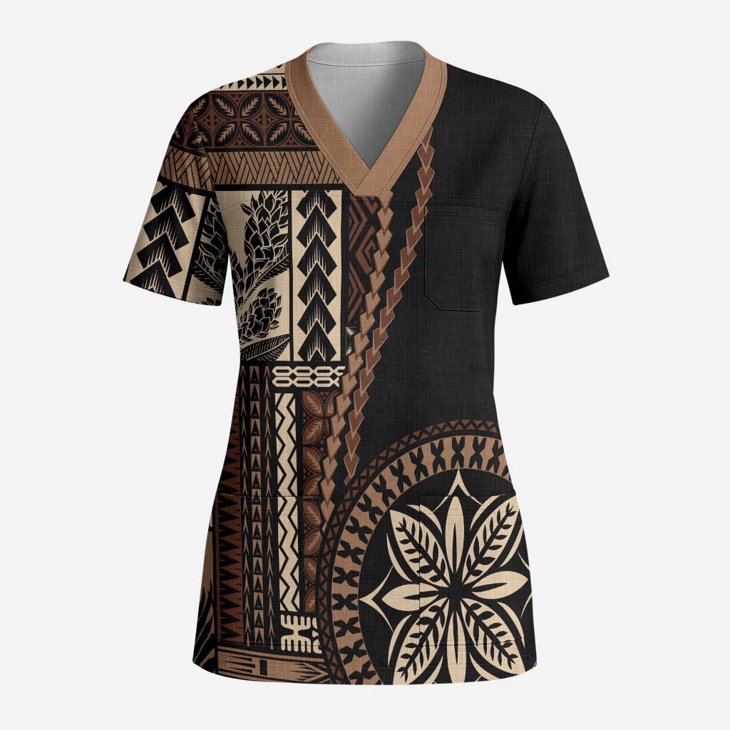 Samoa Siapo Motif Scrub Top Classic Style - Black Ver02 - Polynesian Pride