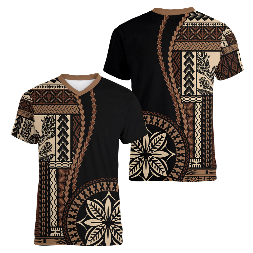 Samoa Siapo Motif Women V Neck T Shirt Classic Style - Black Ver02 LT7 - Polynesian Pride