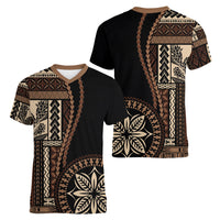 Samoa Siapo Motif Women V Neck T Shirt Classic Style - Black Ver02 LT7 - Polynesian Pride