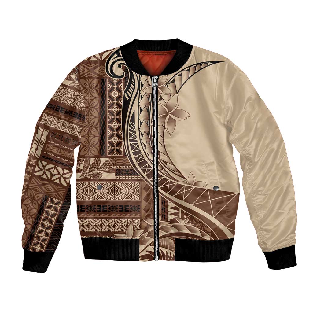 Samoa Siapo Mamanu Bomber Jacket Plumeria Mocha Motifs