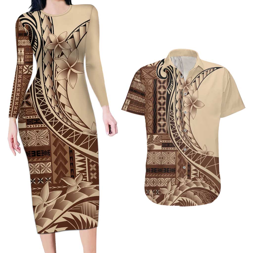 Samoa Siapo Mamanu Couples Matching Long Sleeve Bodycon Dress and Hawaiian Shirt Plumeria Mocha Motifs