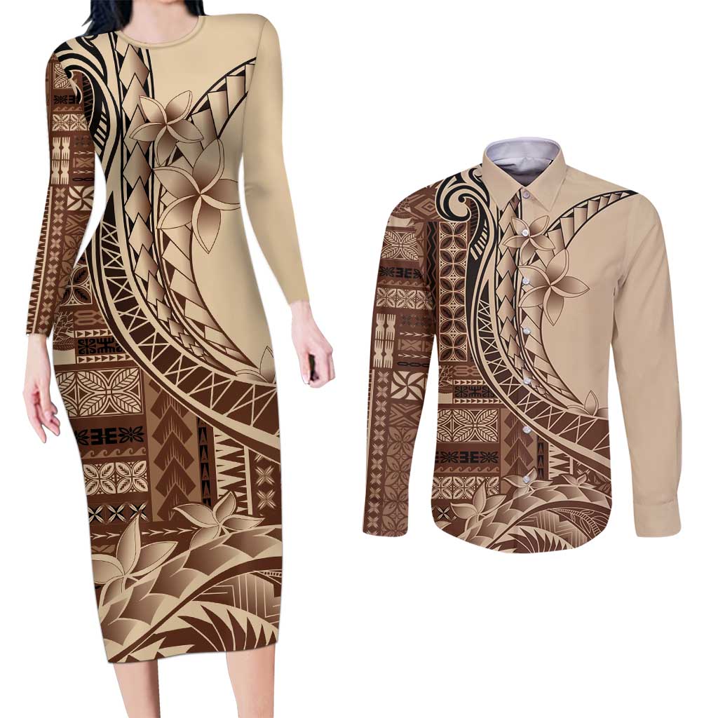 Samoa Siapo Mamanu Couples Matching Long Sleeve Bodycon Dress and Long Sleeve Button Shirt Plumeria Mocha Motifs