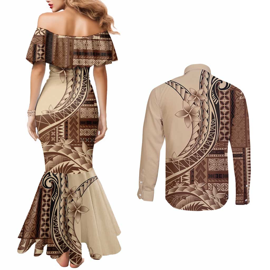 Samoa Siapo Mamanu Couples Matching Mermaid Dress and Long Sleeve Button Shirt Plumeria Mocha Motifs