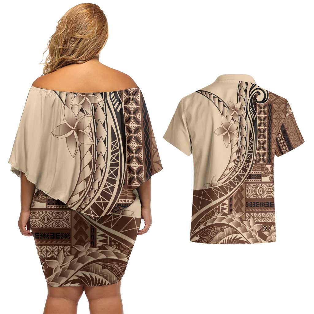 Samoa Siapo Mamanu Couples Matching Off Shoulder Short Dress and Hawaiian Shirt Plumeria Mocha Motifs LT7 - Polynesian Pride