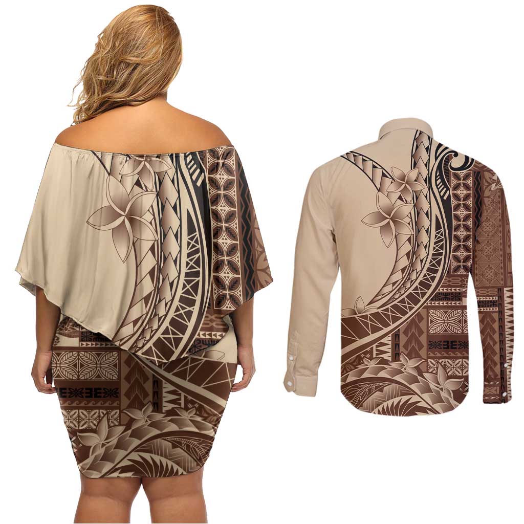 Samoa Siapo Mamanu Couples Matching Off Shoulder Short Dress and Long Sleeve Button Shirt Plumeria Mocha Motifs