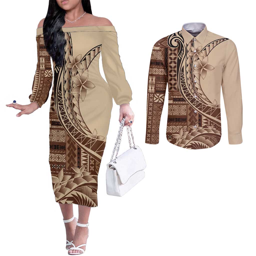 Samoa Siapo Mamanu Couples Matching Off The Shoulder Long Sleeve Dress and Long Sleeve Button Shirt Plumeria Mocha Motifs