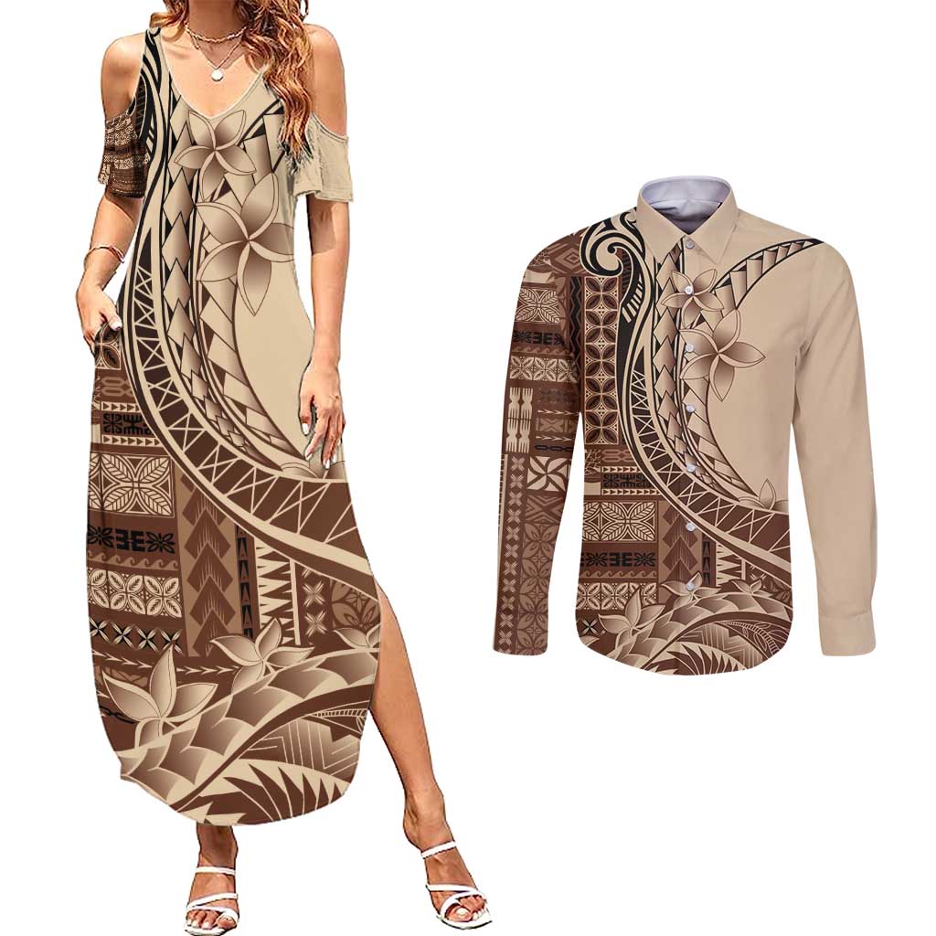 Samoa Siapo Mamanu Couples Matching Summer Maxi Dress and Long Sleeve Button Shirt Plumeria Mocha Motifs