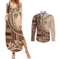 Samoa Siapo Mamanu Couples Matching Summer Maxi Dress and Long Sleeve Button Shirt Plumeria Mocha Motifs