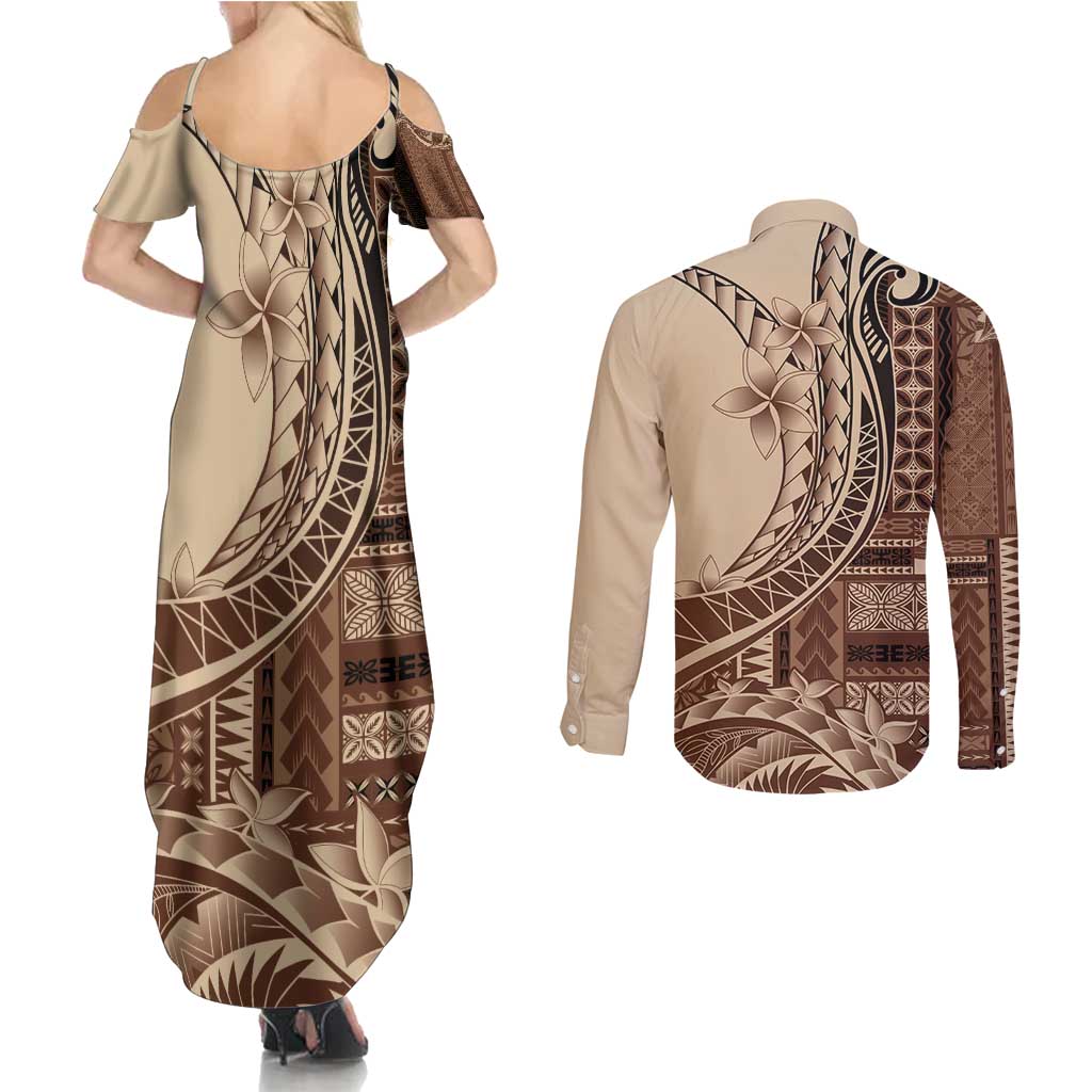 Samoa Siapo Mamanu Couples Matching Summer Maxi Dress and Long Sleeve Button Shirt Plumeria Mocha Motifs