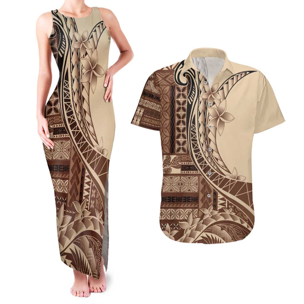 Samoa Siapo Mamanu Couples Matching Tank Maxi Dress and Hawaiian Shirt Plumeria Mocha Motifs