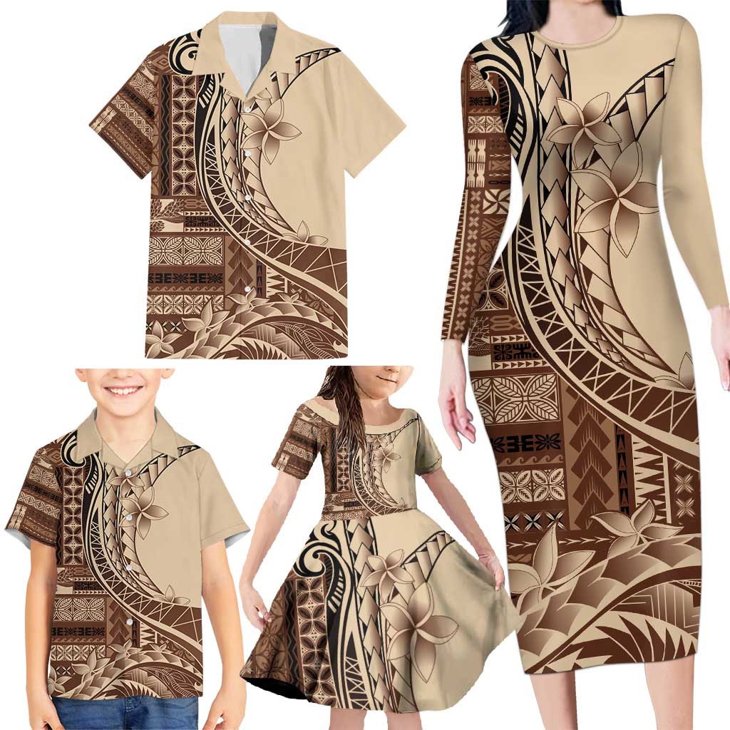 Samoa Siapo Mamanu Family Matching Long Sleeve Bodycon Dress and Hawaiian Shirt Plumeria Mocha Motifs