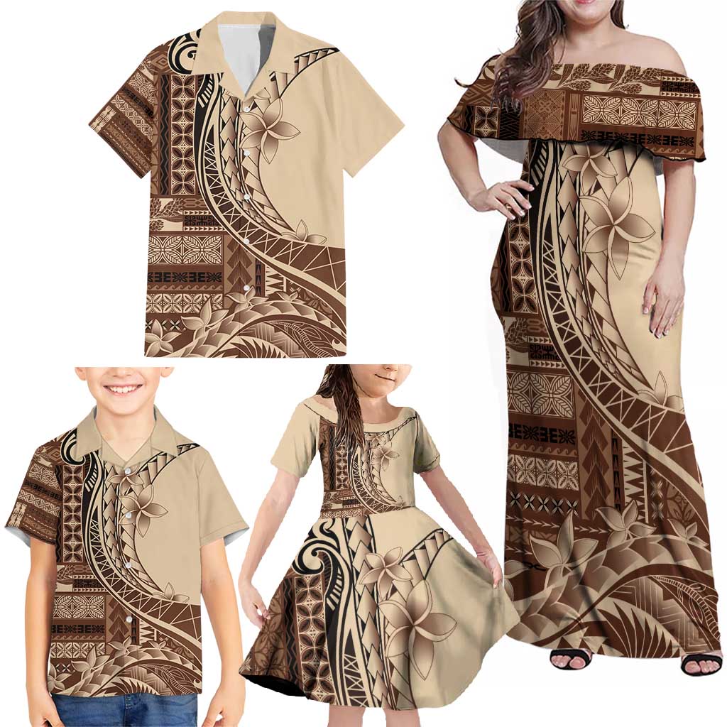 Samoa Siapo Mamanu Family Matching Off Shoulder Maxi Dress and Hawaiian Shirt Plumeria Mocha Motifs