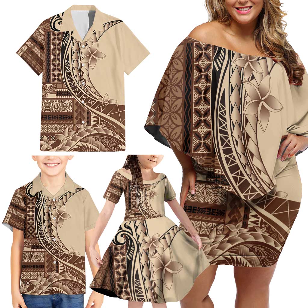 Samoa Siapo Mamanu Family Matching Off Shoulder Short Dress and Hawaiian Shirt Plumeria Mocha Motifs