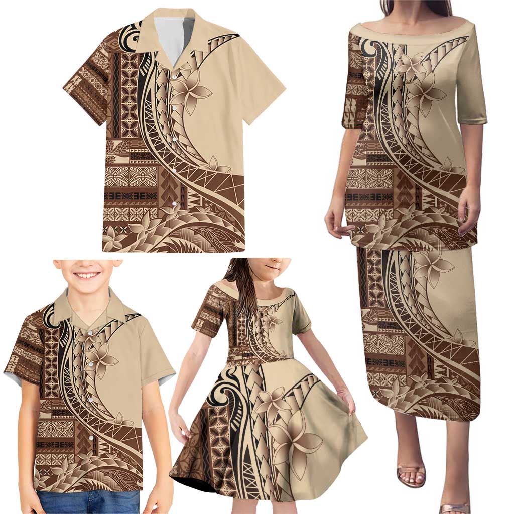 Samoa Siapo Mamanu Family Matching Puletasi and Hawaiian Shirt Plumeria Mocha Motifs