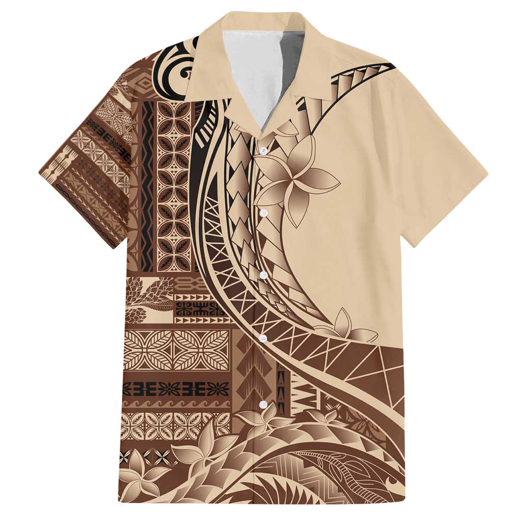 Samoa Siapo Mamanu Family Matching Puletasi and Hawaiian Shirt Plumeria Mocha Motifs