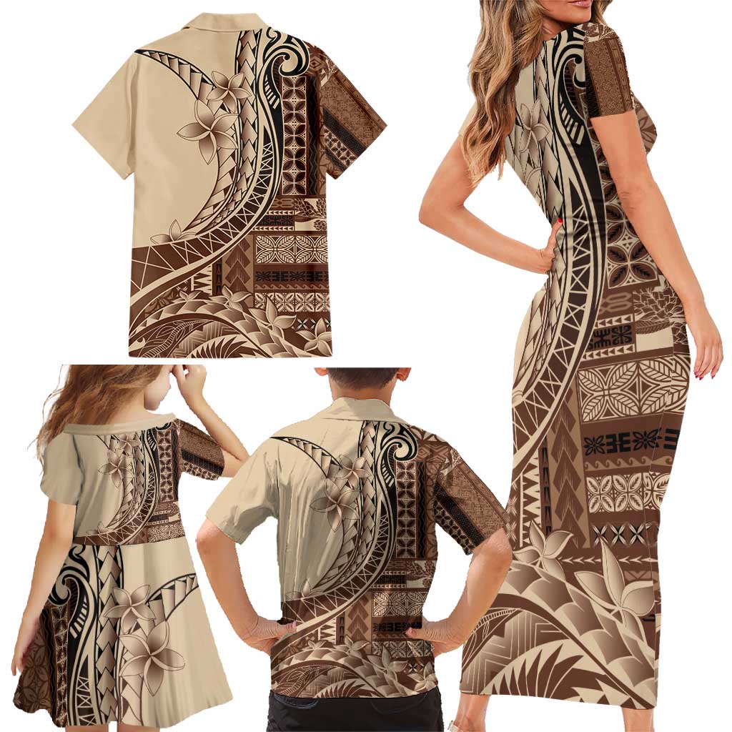 Samoa Siapo Mamanu Family Matching Short Sleeve Bodycon Dress and Hawaiian Shirt Plumeria Mocha Motifs