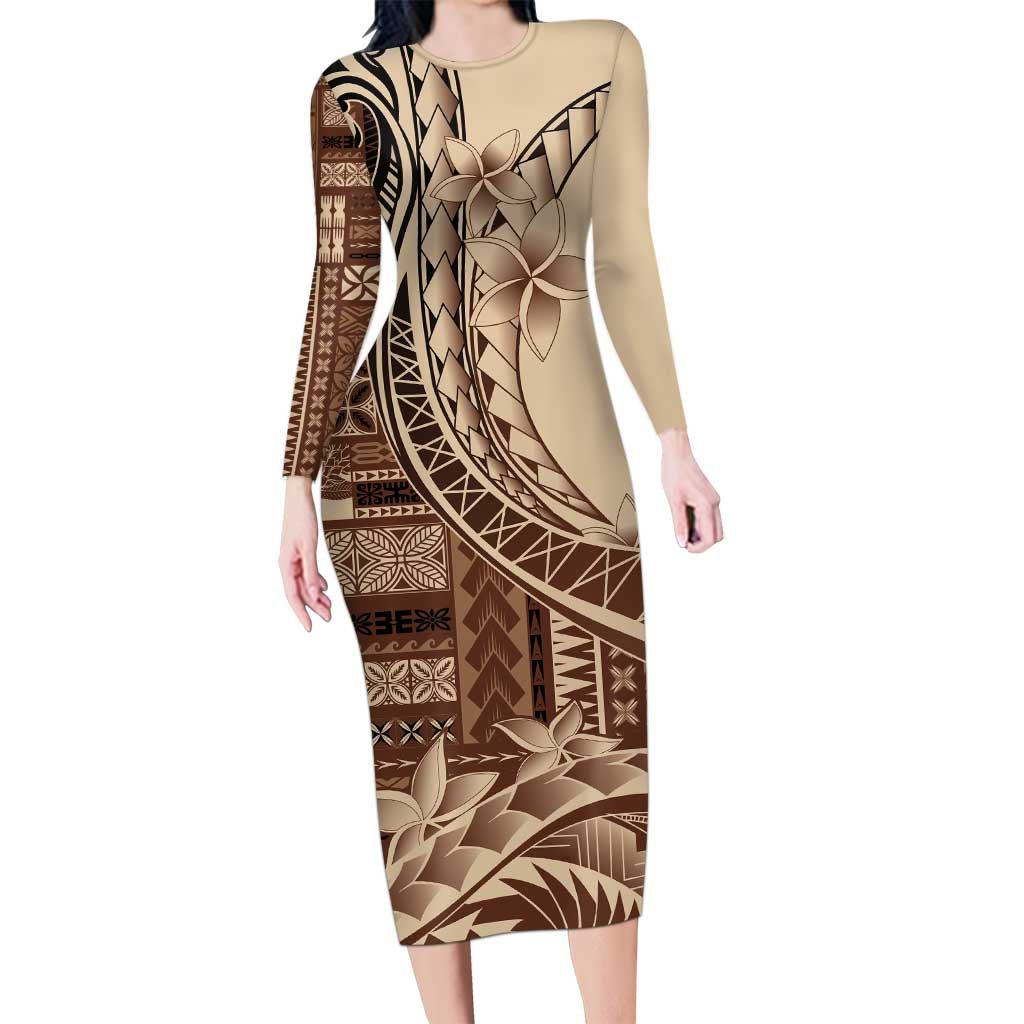 Samoa Siapo Mamanu Long Sleeve Bodycon Dress Plumeria Mocha Motifs