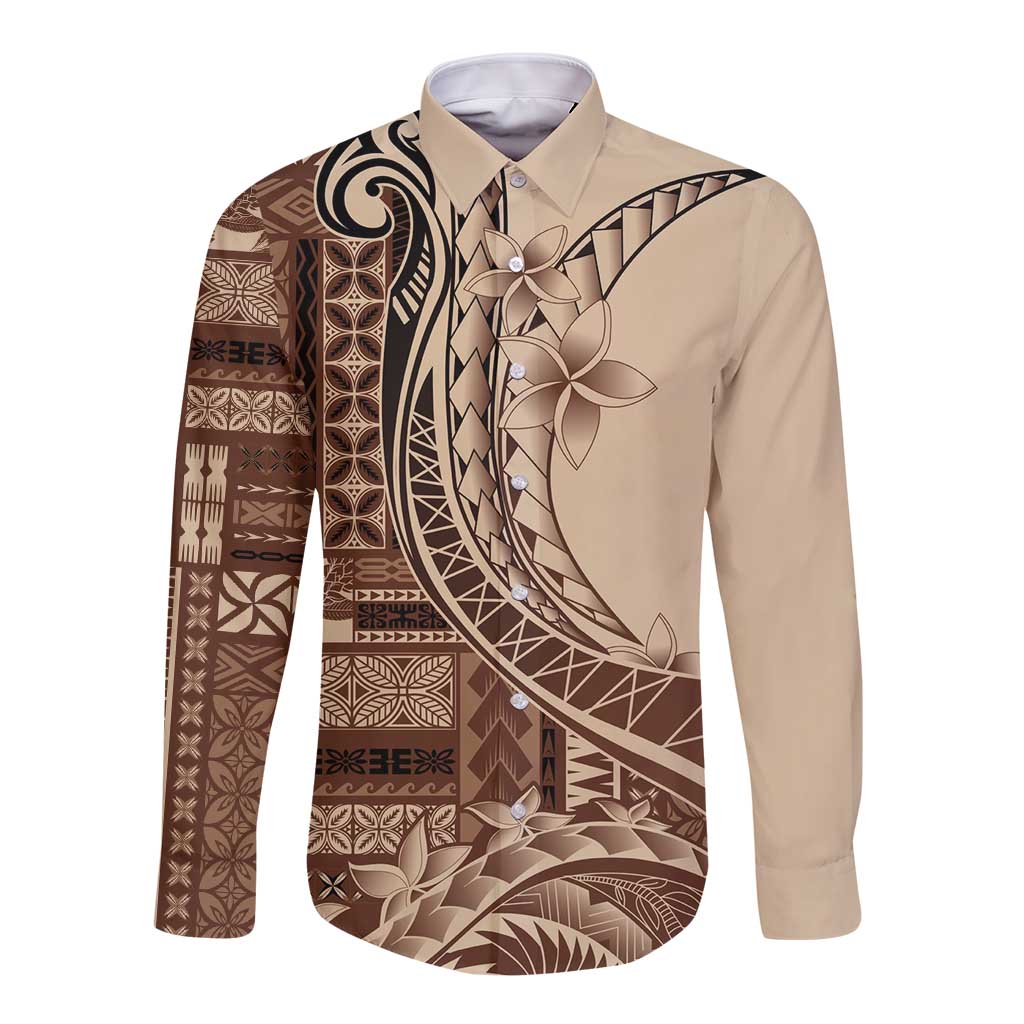 Samoa Siapo Mamanu Long Sleeve Button Shirt Plumeria Mocha Motifs LT7 Unisex Mocha - Polynesian Pride