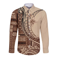 Samoa Siapo Mamanu Long Sleeve Button Shirt Plumeria Mocha Motifs LT7 Unisex Mocha - Polynesian Pride