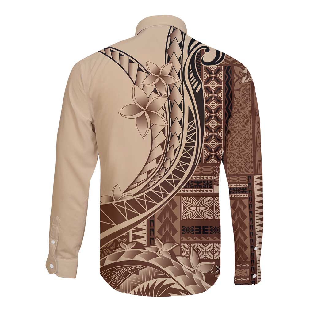 Samoa Siapo Mamanu Long Sleeve Button Shirt Plumeria Mocha Motifs LT7 - Polynesian Pride