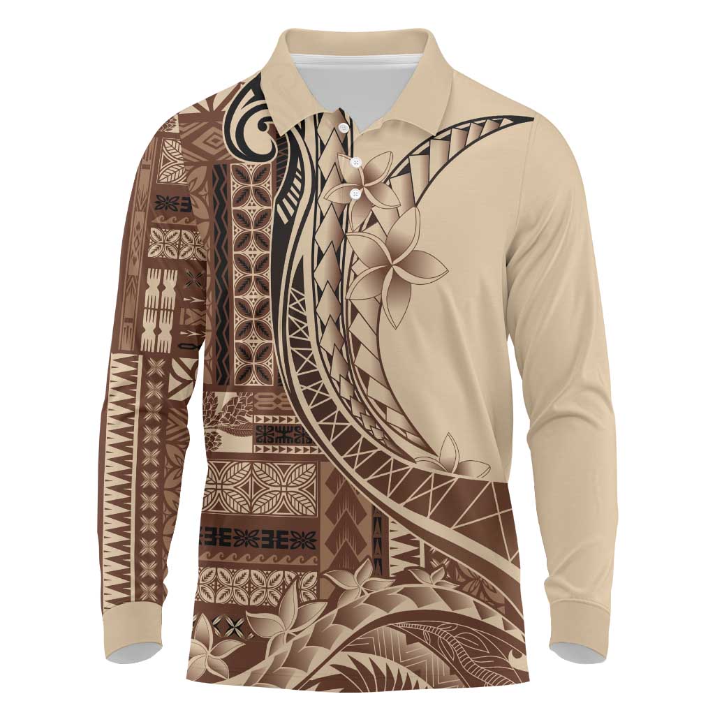 Samoa Siapo Mamanu Long Sleeve Polo Shirt Plumeria Mocha Motifs