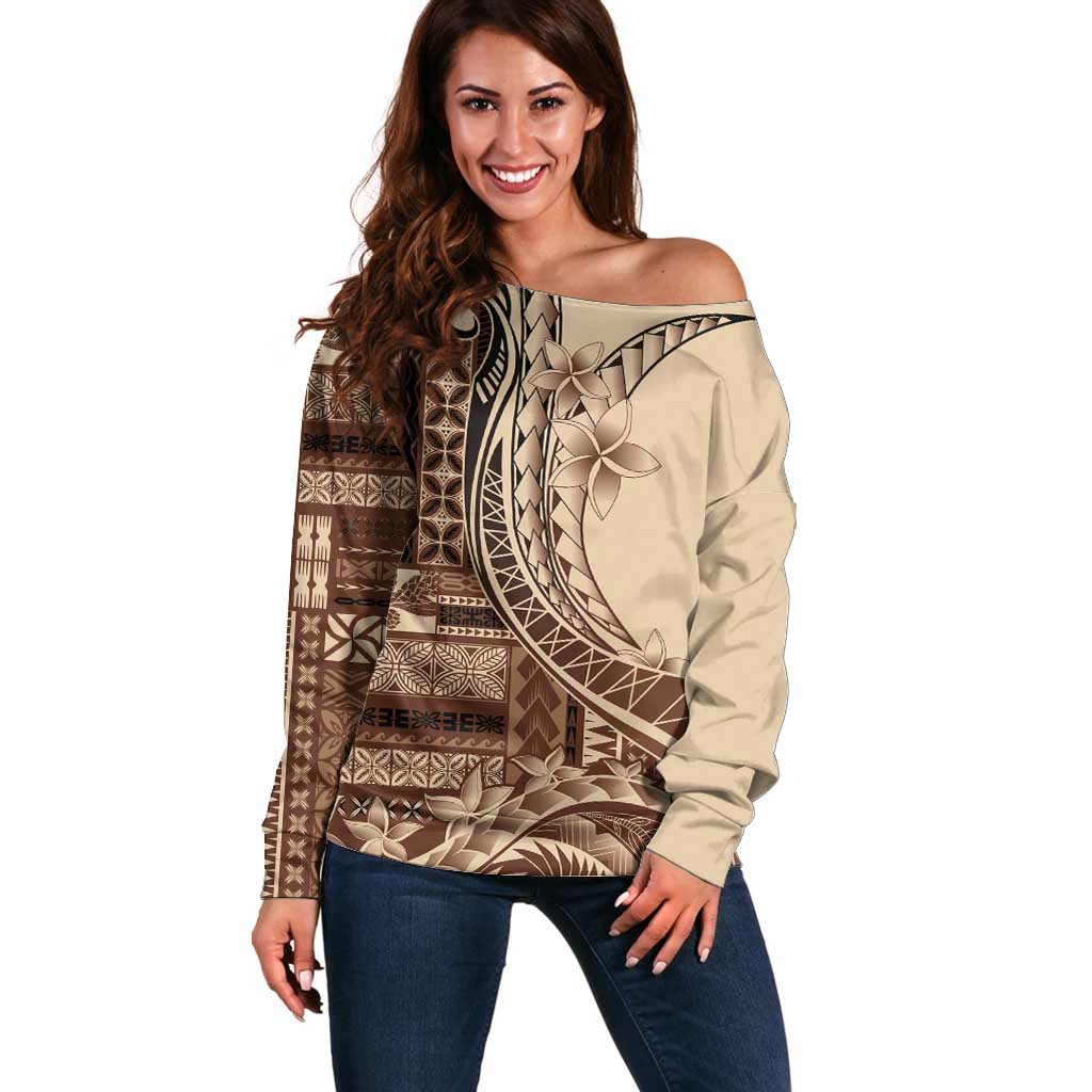 Samoa Siapo Mamanu Off Shoulder Sweater Plumeria Mocha Motifs