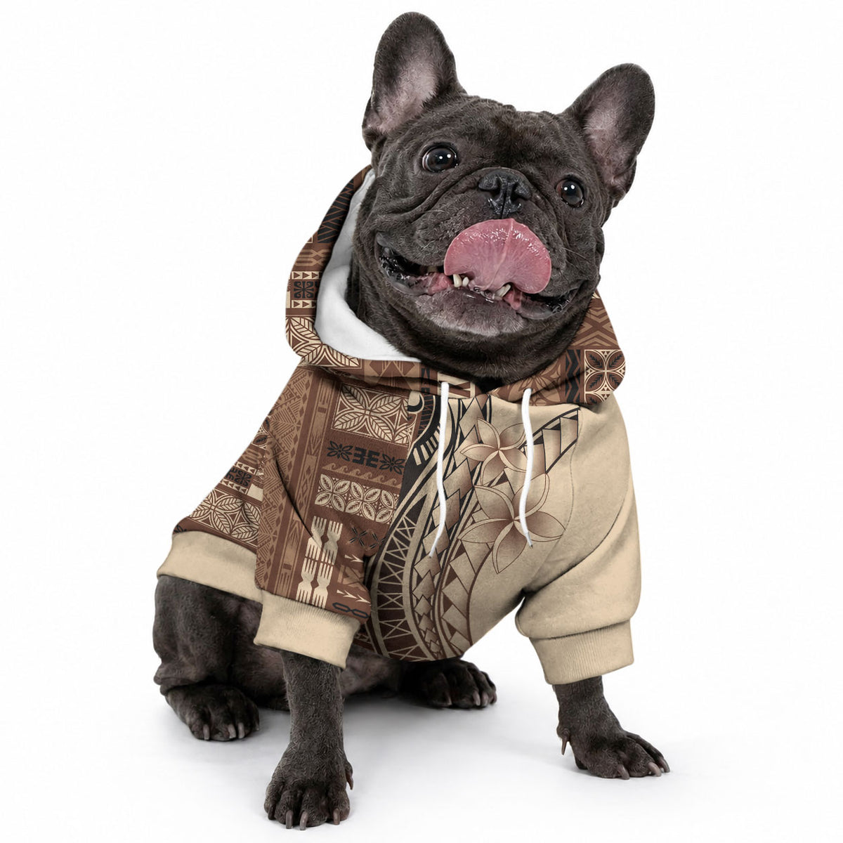 Samoa Siapo Mamanu Pet Hoodie Plumeria Mocha Motifs