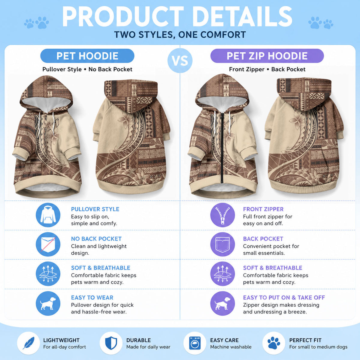 Samoa Siapo Mamanu Pet Hoodie Plumeria Mocha Motifs