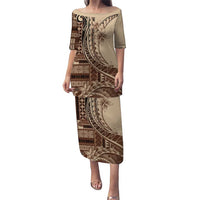 Samoa Siapo Mamanu Puletasi Plumeria Mocha Motifs LT7 Long Dress Mocha - Polynesian Pride