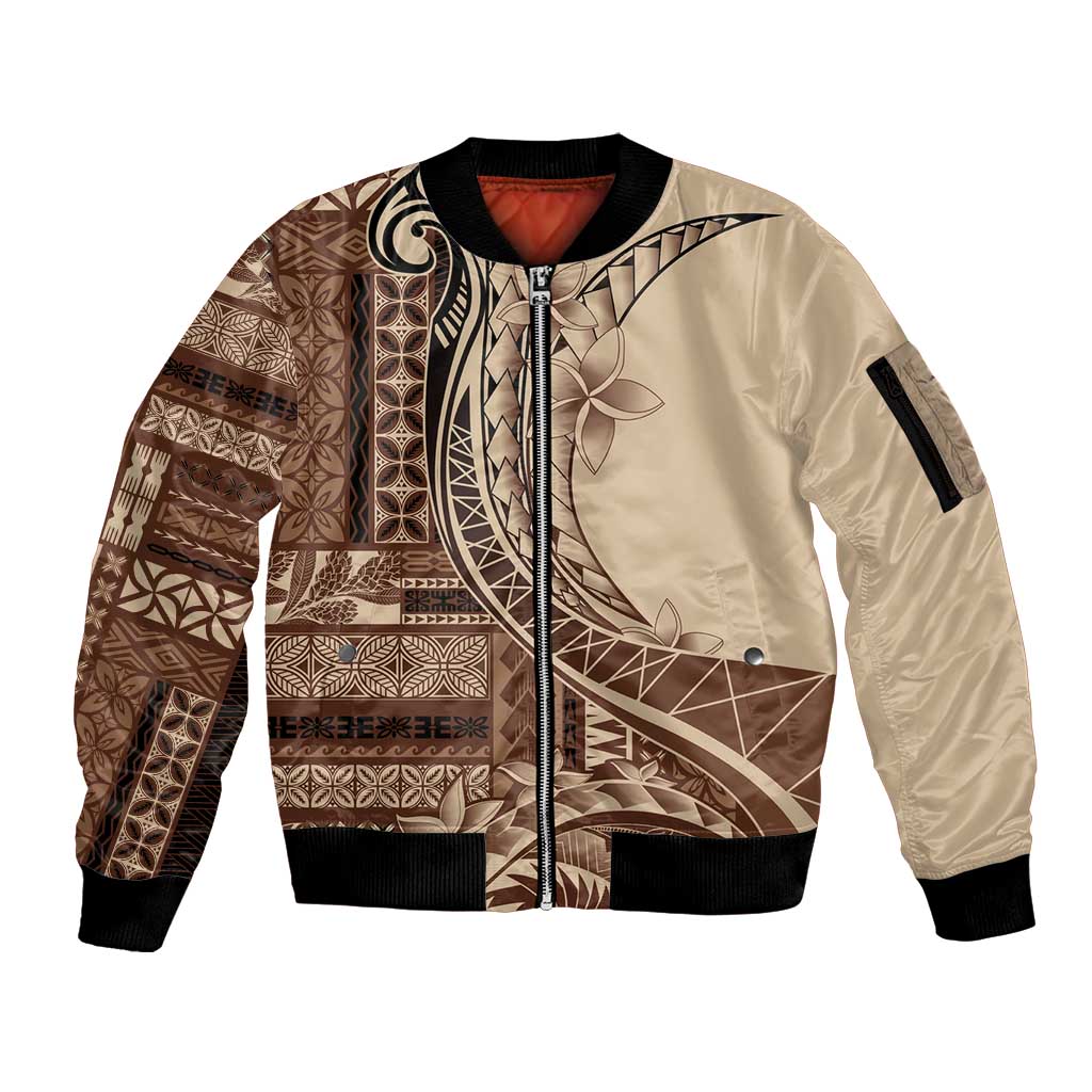 Samoa Siapo Mamanu Sleeve Zip Bomber Jacket Plumeria Mocha Motifs