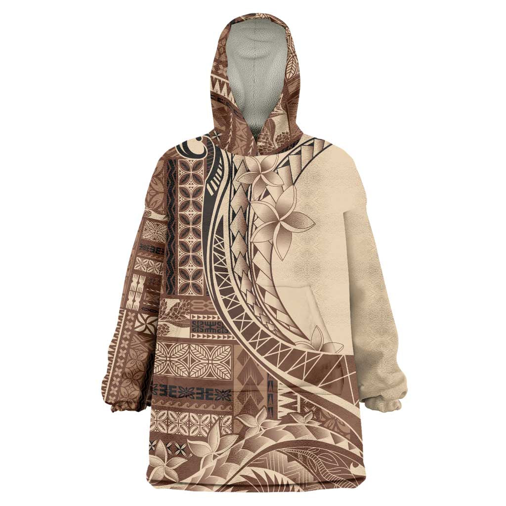 Samoa Siapo Mamanu Wearable Blanket Hoodie Plumeria Mocha Motifs