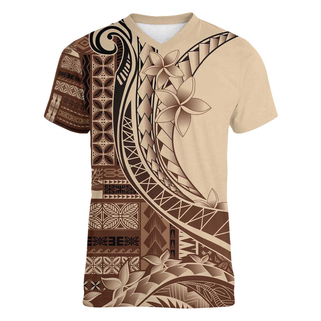 Samoa Siapo Mamanu Women V-Neck T-Shirt Plumeria Mocha Motifs