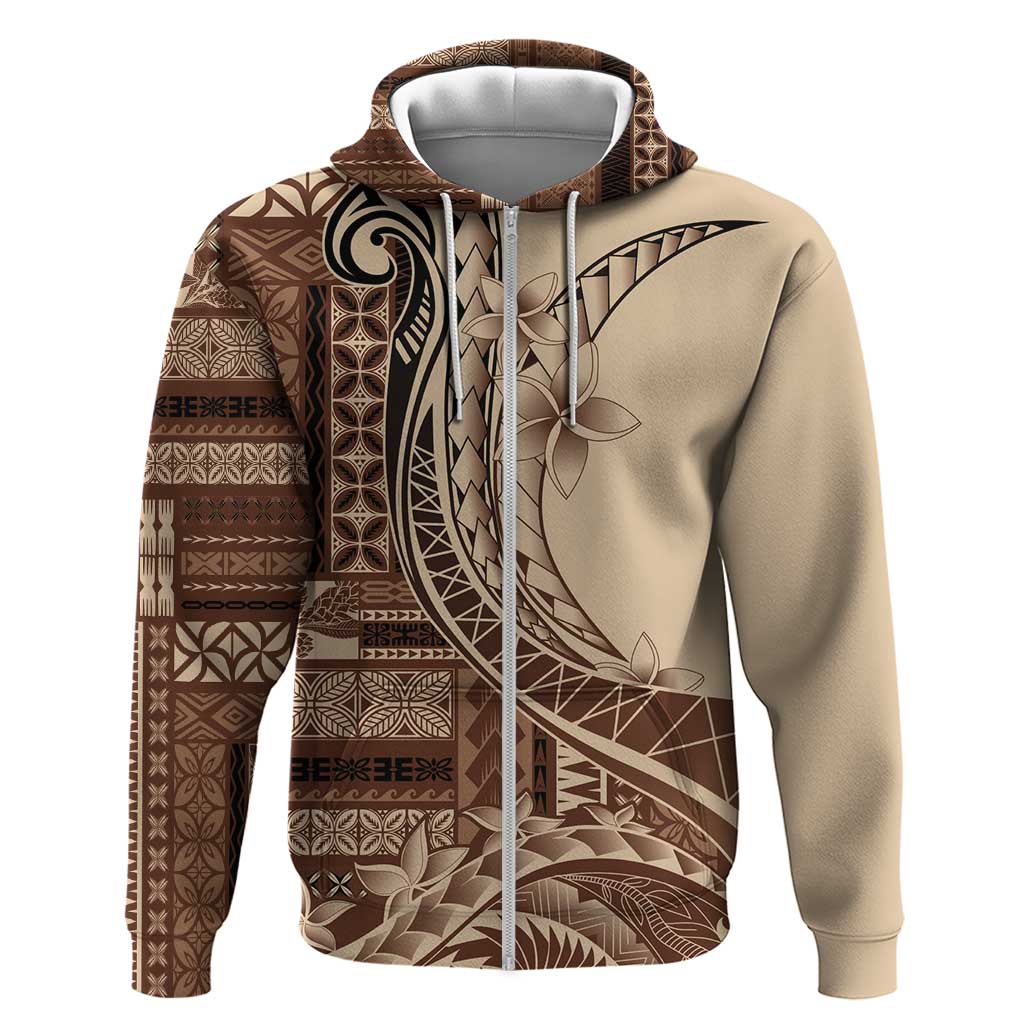 Samoa Siapo Mamanu Zip Hoodie Plumeria Mocha Motifs