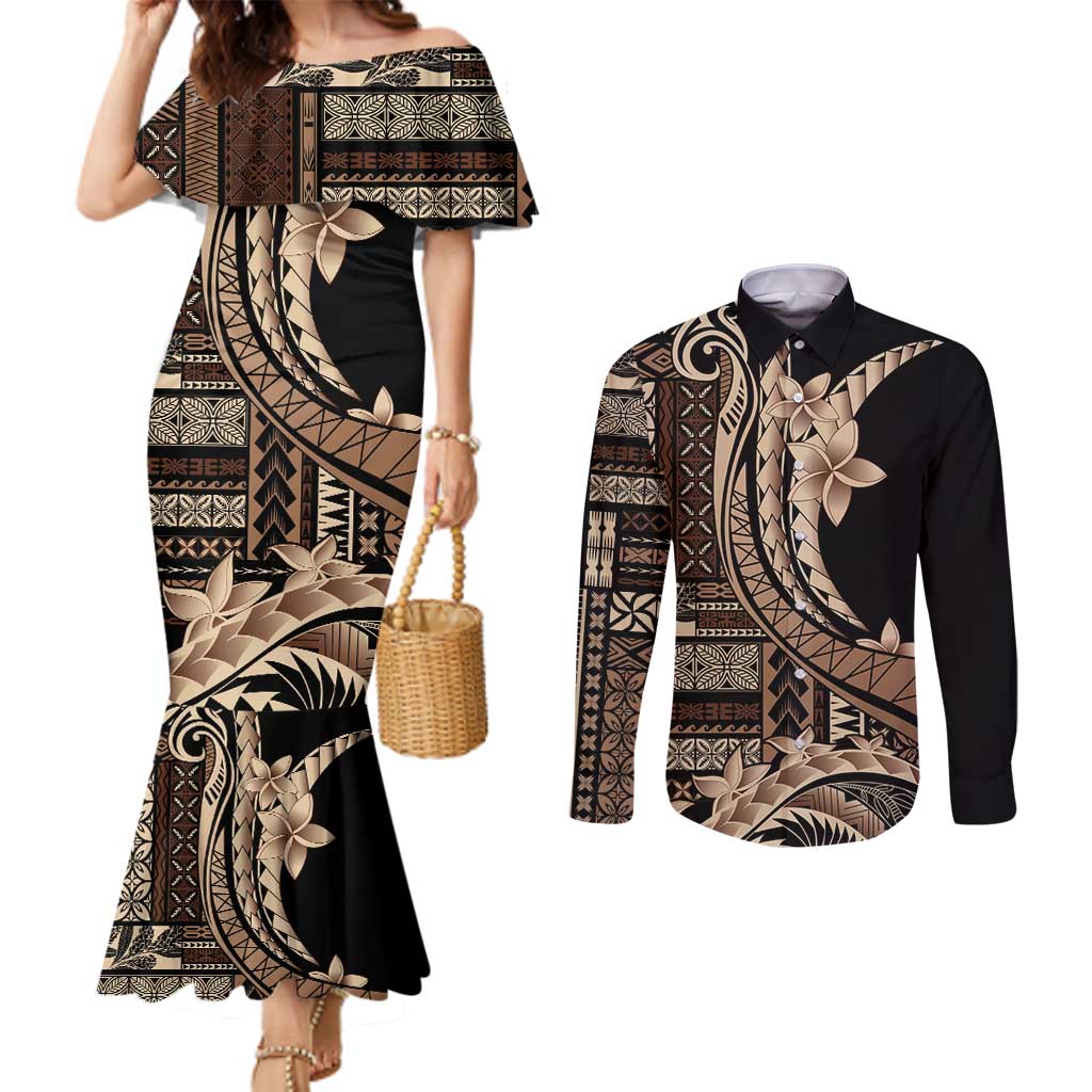 Samoa Siapo Mamanu Couples Matching Mermaid Dress and Long Sleeve Button Shirt Plumeria Black Motifs