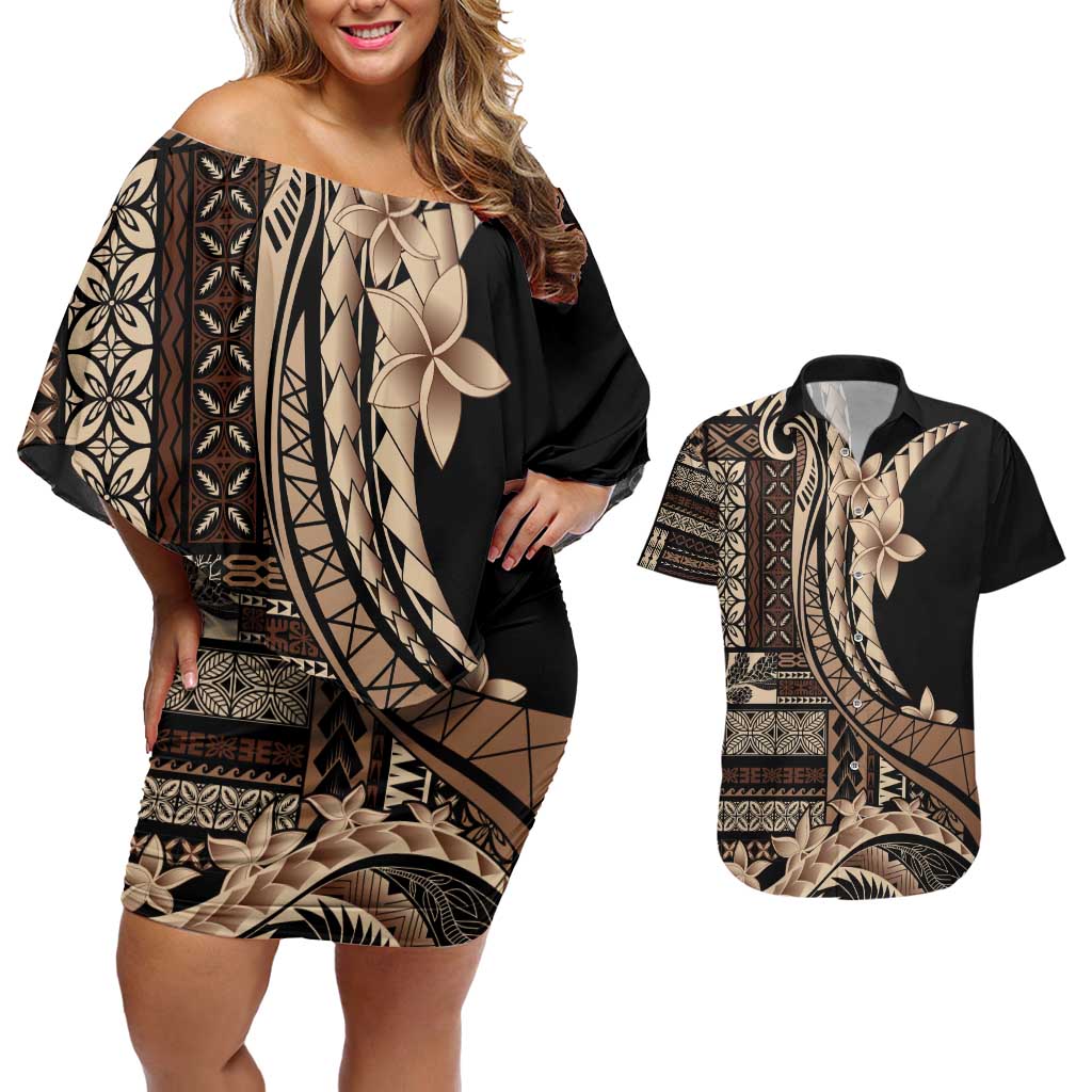 Samoa Siapo Mamanu Couples Matching Off Shoulder Short Dress and Hawaiian Shirt Plumeria Black Motifs