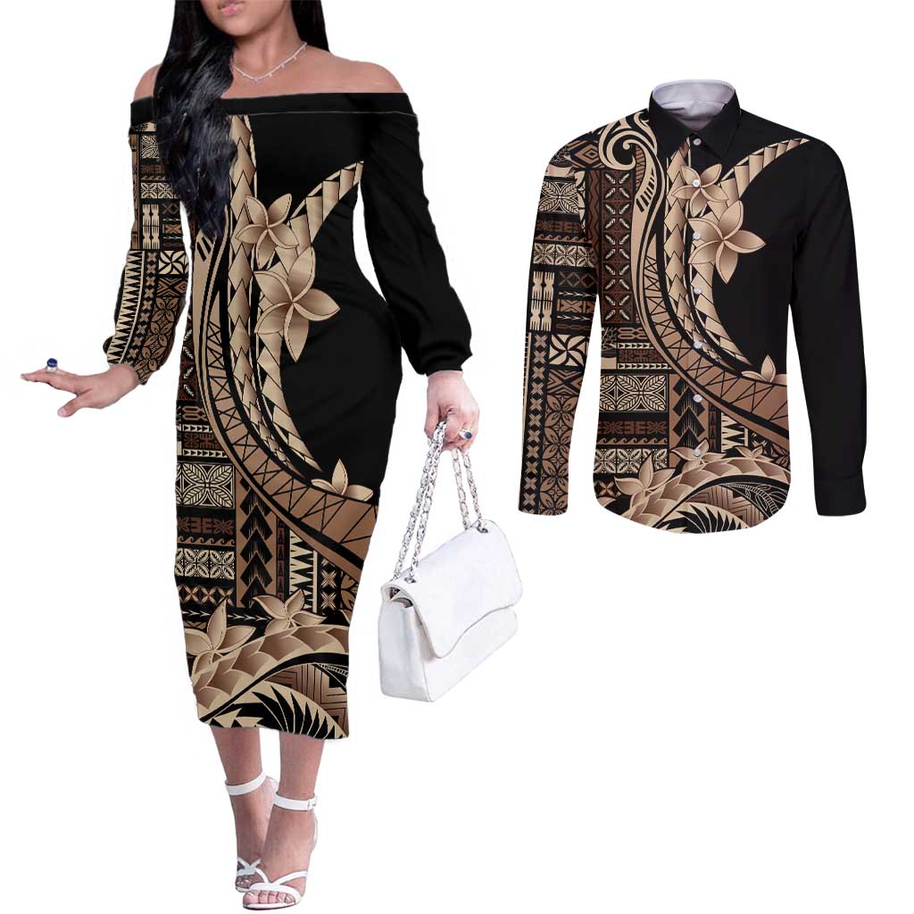 Samoa Siapo Mamanu Couples Matching Off The Shoulder Long Sleeve Dress and Long Sleeve Button Shirt Plumeria Black Motifs