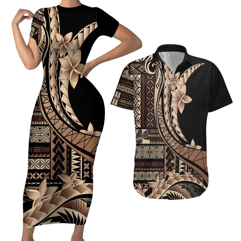 Samoa Siapo Mamanu Couples Matching Short Sleeve Bodycon Dress and Hawaiian Shirt Plumeria Black Motifs