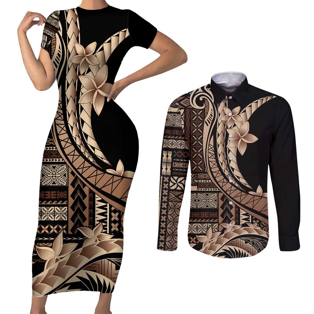 Samoa Siapo Mamanu Couples Matching Short Sleeve Bodycon Dress and Long Sleeve Button Shirt Plumeria Black Motifs