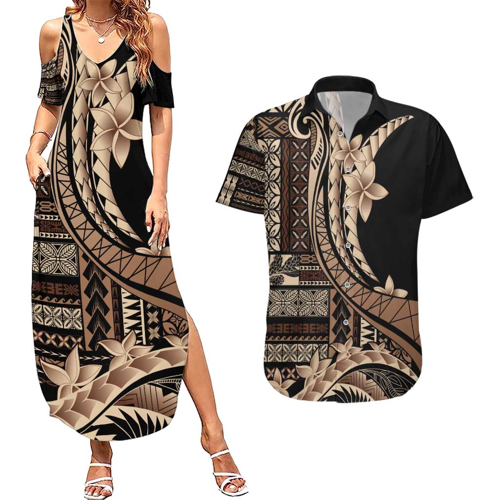 Samoa Siapo Mamanu Couples Matching Summer Maxi Dress and Hawaiian Shirt Plumeria Black Motifs