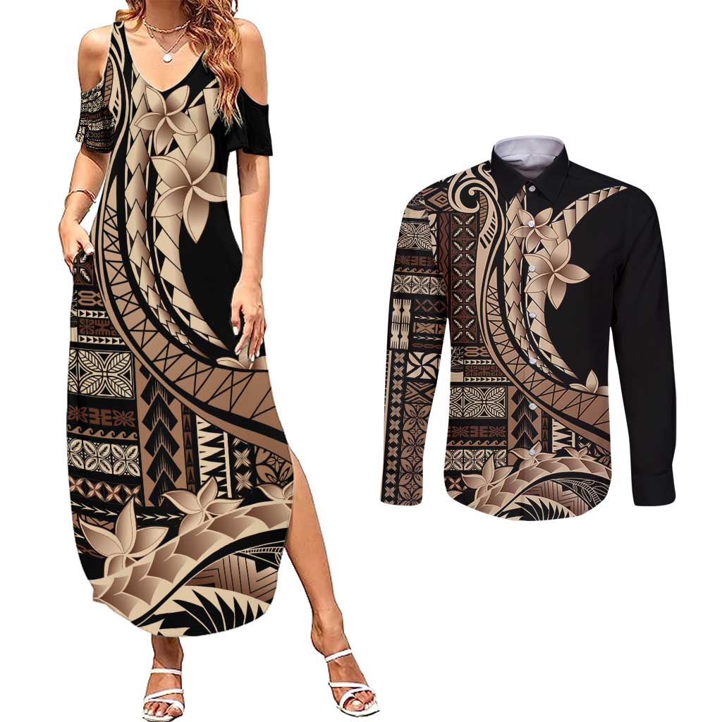 Samoa Siapo Mamanu Couples Matching Summer Maxi Dress and Long Sleeve Button Shirt Plumeria Black Motifs